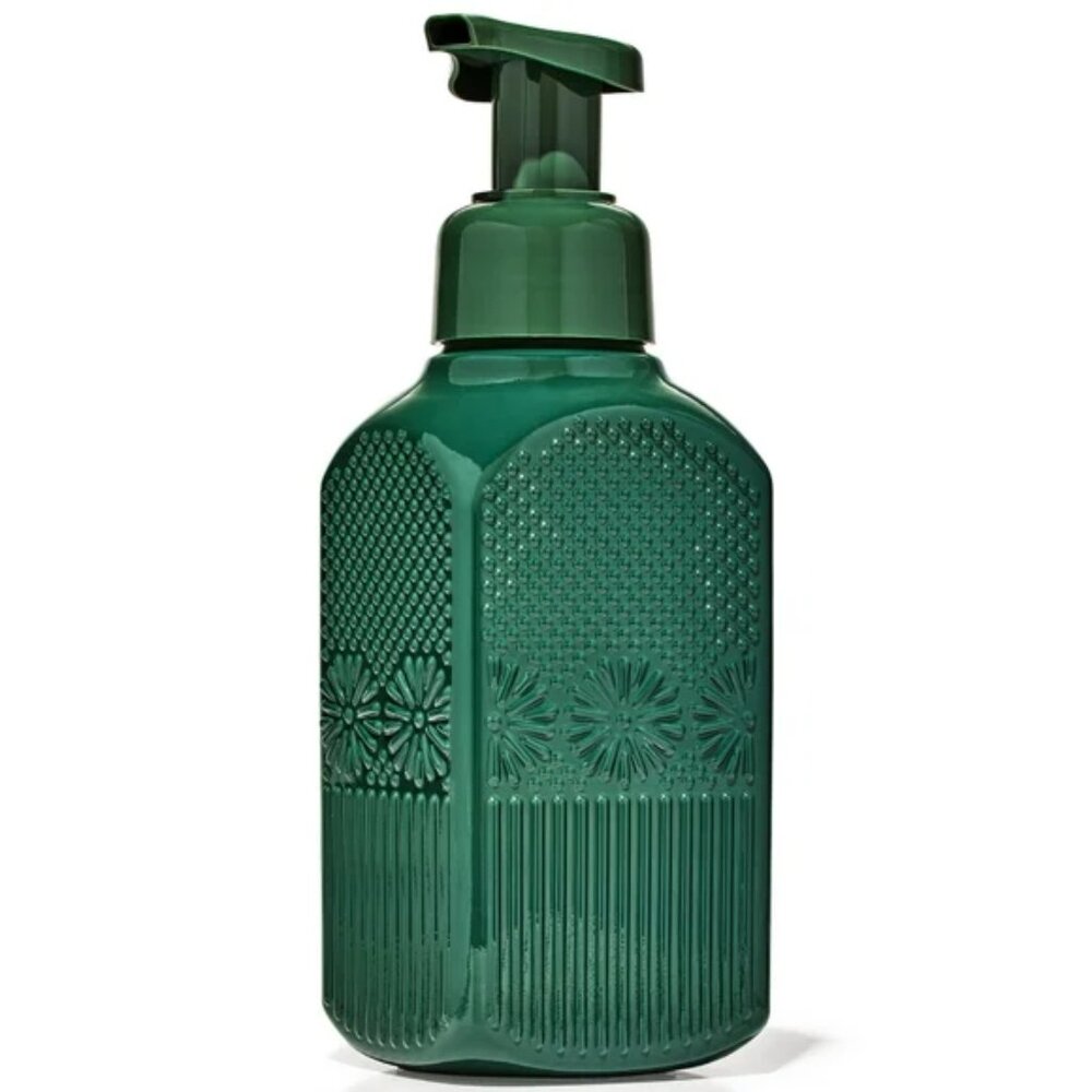 Bath Body Works Dark Green Floral Glass Foaming Hand Soap Dispenser NEW